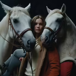 two horses are being photographed while one girl holds the reigns and hugs her face