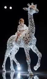 a girl is on top of a mechanical giraffe