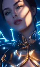 a woman with a shiny gold dress and black hair wearing a bright blue light