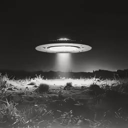 an alien spaceship flying over a field with its lights on