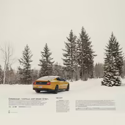 the yellow car is driving through some snowy forest