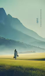 a woman in white is walking through a green field