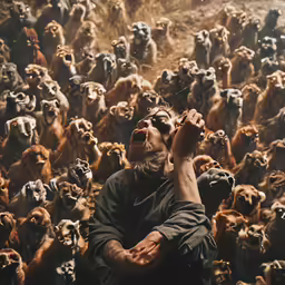 a herd of black and brown animal standing next to each other