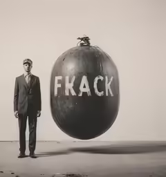 a man in suit standing by large black ball with frack written on it