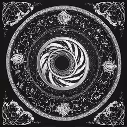 the design is made from the white ink on black paper,a black and white circular image with stars