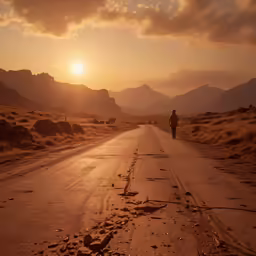 a road with a man on it with a sunset in the background