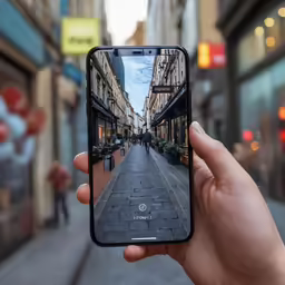 a hand holds up a cellphone with an image of a city