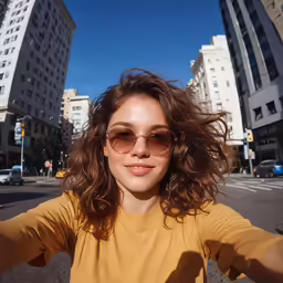 a woman wearing sunglasses is standing in the street