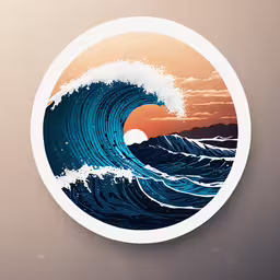 the ocean has very blue and white waves,a round sticker with a picture of a blue wave at sunset