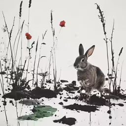 a rabbit sits in front of snow and flowers