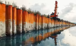 an orange rail on a train track by water