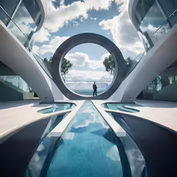 a person standing on a glass floored pool with an artistic design