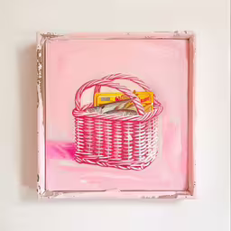 a basket mounted on a wall with labels,a painting with a pink and white basket on the wall