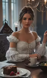 a woman sitting at a table with plates of food