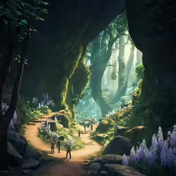 a group of people are walking on a dirt trail in a green forest with many trees and flowers