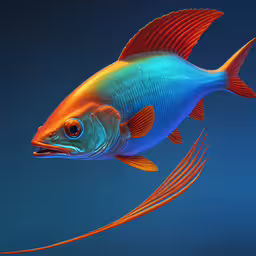 a red and blue fish on a blue background,this is a fish with an intricate tail