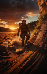 the man is hiking up to the cliff in the evening