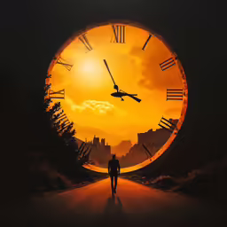 a silhouette of a man standing on a pathway beneath a huge clock