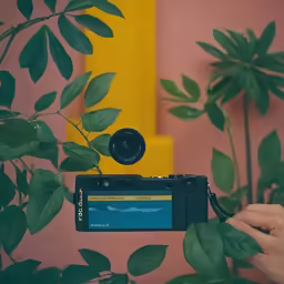 there is a camera that has green leaves growing over it