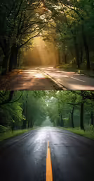 a long empty street that is lined with trees