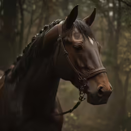 a brown horse walking through a forest in the fog