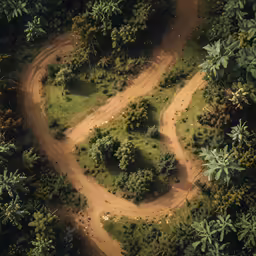 an aerial photo of a dirt road in the middle of some trees