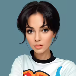 the girl with short black hair wearing a t - shirt