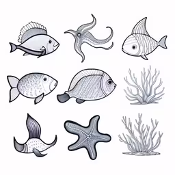 sea animals in ink on paper