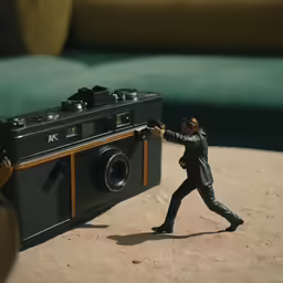 a toy figurine in front of a black and tan camera