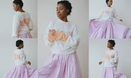 several images of woman with long, purple pleated skirt