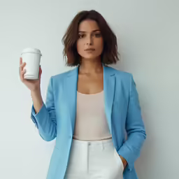 a woman is holding a cup and wearing a blue jacket