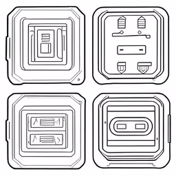 four plates showing the design in a rectangle,four pieces of art depicting a design in three square shapes,4 different types of square buttons on each side,a drawing of a set of four different designs,four squares with a square inside of them