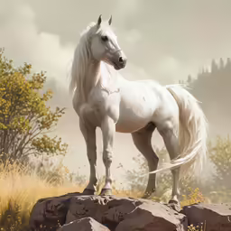a white horse stands on a rocky cliff