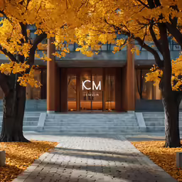 a large building with steps leading up to it that has a logo on it
