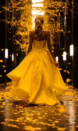 a yellow dress with gold leaves falling from it