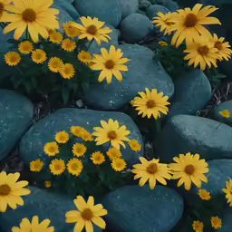 a closeup view of flowers growing out of rocks
