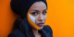 a woman wearing an orange white striped face paint