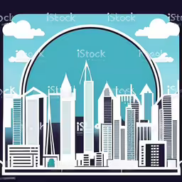 a blue and white skyline with clouds and an arch in the background,an illustration of a city with skyscrapers and clouds in the sky