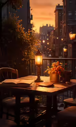 the table is set on the balcony and light is on