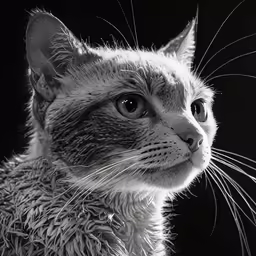 a black and white image of a cat with a black background