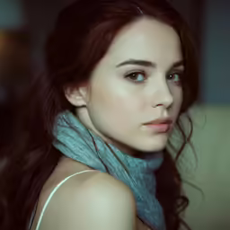 a woman with long hair wearing a scarf around her neck