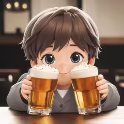 the boy is holding two beers behind his face