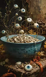 a bowl with many flowers in it and evil eyes on the branches