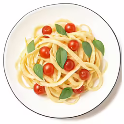 the plate of pasta has cherry tomatoes on top