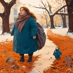 a woman walking down a sidewalk with a back pack on it