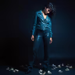 a young woman in a leather jacket is surrounded by shoes