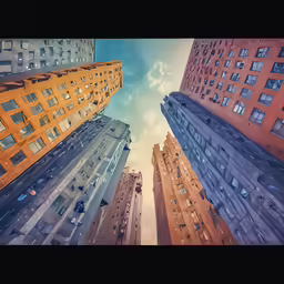 looking up in the air at two tall buildings