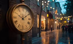 a clock on a rainy sidewalk during the night