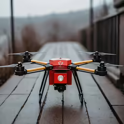 a red camera sits on the wood near a road