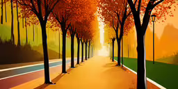 trees lining a street with a sunset and colors,trees are lined up along an orange road